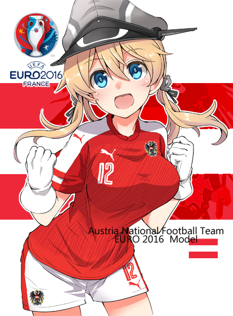 1girl, alternate_costume, anchor_hair_ornament, blonde_hair, blue_eyes, breasts, euro_2016, football_uniform, fujii_jun, gloves, hair_between_eyes, hair_ornament, hat, kantai_collection, large_breasts, long_hair, looking_at_viewer, open_mouth, peaked_cap, prinz_eugen_(kantai_collection), soccer, soccer_uniform, solo, sportswear, white_gloves