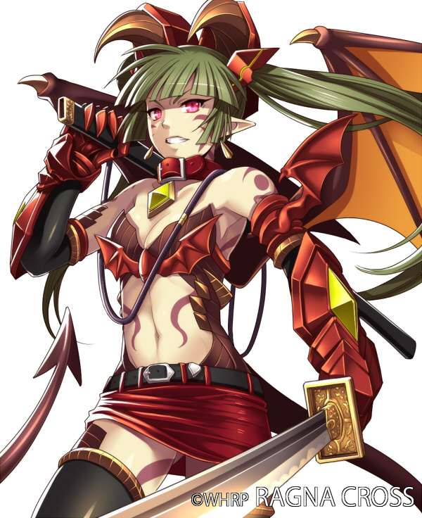 1girl, armpits, black_legwear, demon_tail, earrings, gauntlets, green_hair, holding