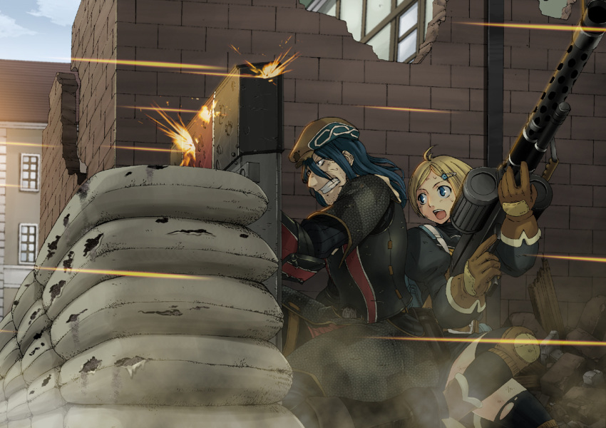 1boy, 1girl, amy_apple, belt, black_legwear, blonde_hair, blue_eyes, blue_hair