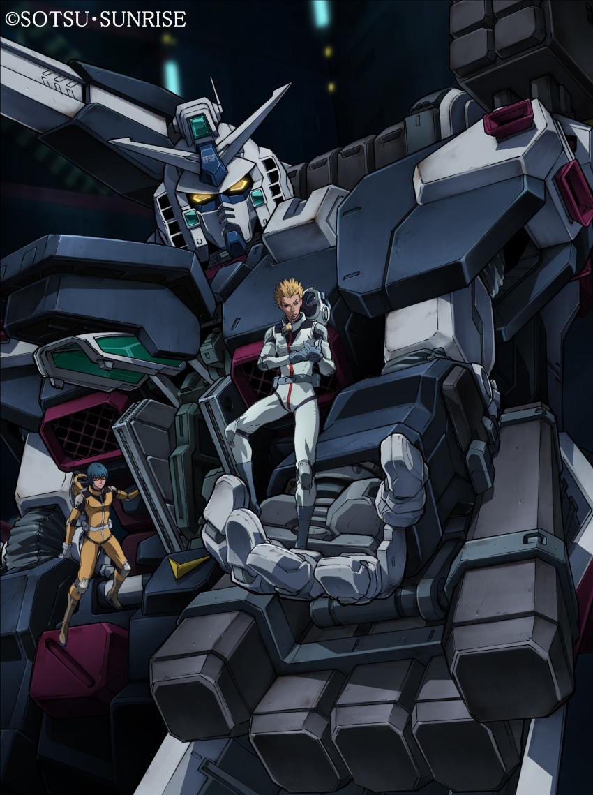 2boys, absurdres, blonde_hair, blue_eyes, brown_eyes, cornelius_kaka, full_armor_gundam, glasses