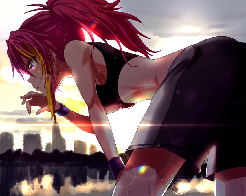 1girl, bent_over, blonde_hair, blush, idolmaster, idolmaster_million_live!, lens_flare, long_hair
