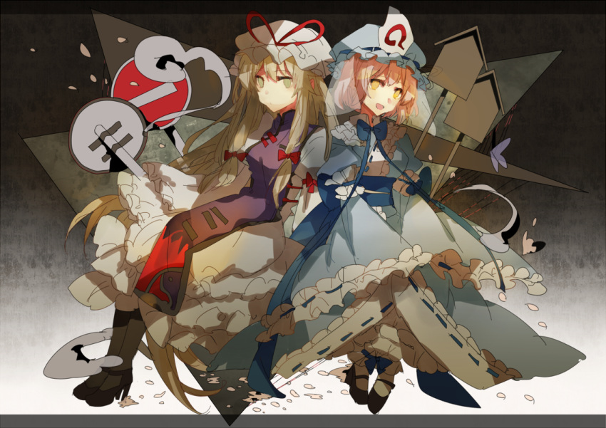 2girls, armband, beige_hair, black_legwear, black_shoes, blonde_hair, bow, breasts, butterfly, chewing, dress, flame_print, frilled_kimono, frills, hair_bow, hat, hat_ribbon, high_heels, hitodama, japanese_clothes, kimono, long_hair, looking_at_viewer, mob_cap, mouthful, multiple_girls, obi, open_mouth, petals, pink_hair, platinum_blonde, pumps, ribbon, ribbon-trimmed_sleeves, ribbon_trim, saigyouji_yuyuko, sash, shoes, short_hair, side-by-side, signpost, sitting, smile, tabard, touhou, triangular_headpiece, veil, very_long_hair, white_dress, wide_sleeves, yahhooooi, yakumo_yukari