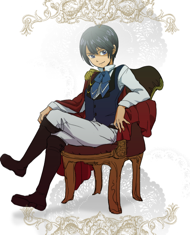 1boy, arm_support, blue_eyes, blue_hair, boots, bowtie, cape, chair