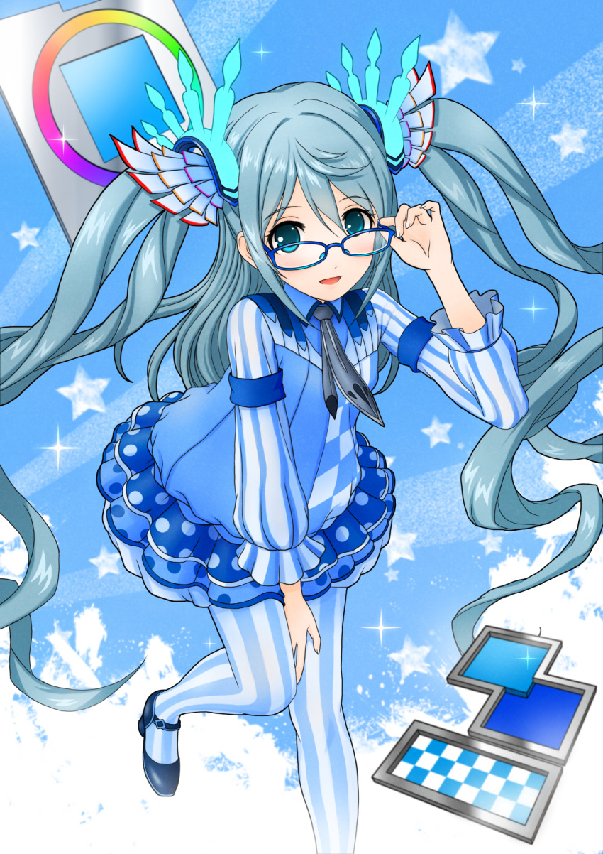 1girl, adjusting_glasses, ameisensou, blue-framed_eyewear, blue_dress, blue_eyes, dress, glasses