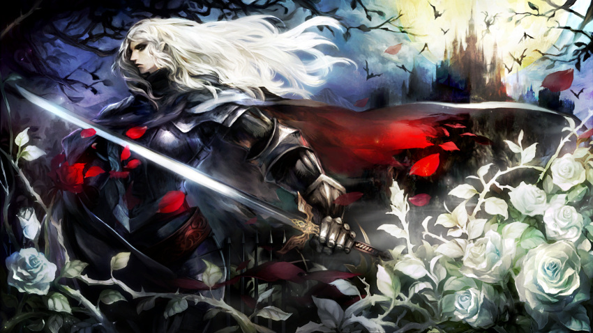 1boy, armor, bat, cape, castle, character_request, closed_mouth, dragon's_crown, flower, from_side, full_moon, game_cg, highres, hirai_yukiko, holding, holding_sword, holding_weapon, long_hair, moon, official_art, petals, pointy_ears, profile, red_rose, rose, solo, standing, sword, tree, weapon, white_hair, white_rose