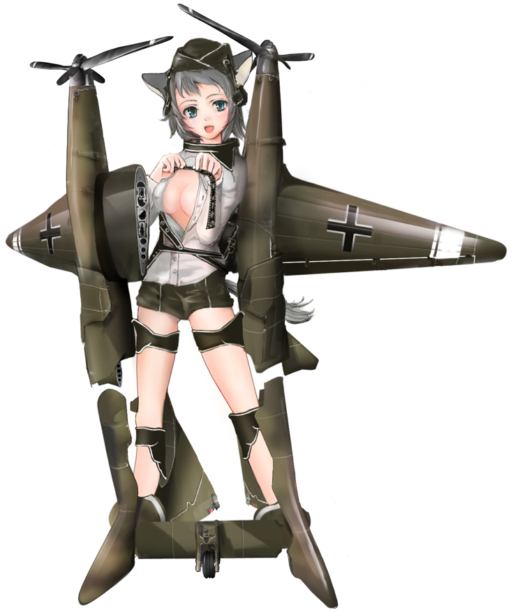 1girl, aircraft, airplane, animal_ears, balkenkreuz, blue_eyes, breasts, cleavage, full_body, fw_189, garrison_cap, grey_hair, hat, medium_breasts, military, original, personification, propeller, short_hair, shorts, simple_background, smile, solo, standing, tail, unzipped, upeco, white_background, wolf_ears, wolf_tail, world_war_ii