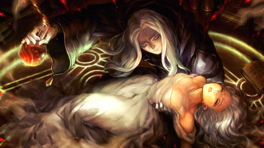 1boy, 1girl, arm_around_waist, book, breasts, cleavage, closed_eyes, closed_mouth, dragon's_crown, dress, game_cg, highres, holding, kida_emika, long_hair, magic_circle, official_art, open_book, parted_lips, round-bottom_flask, white_dress, white_hair, wizard, wizard_(dragon's_crown)