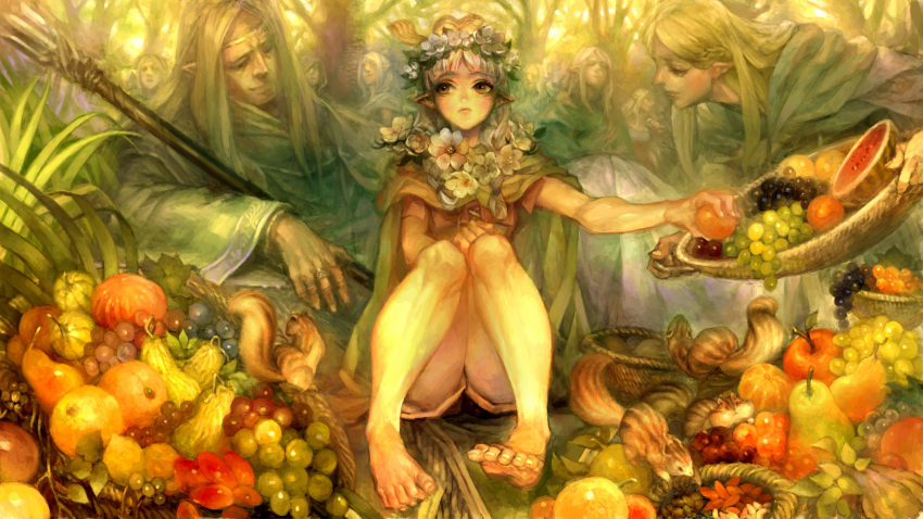 apple, barefoot, basket, blonde_hair, braid, cape, circlet, cloak