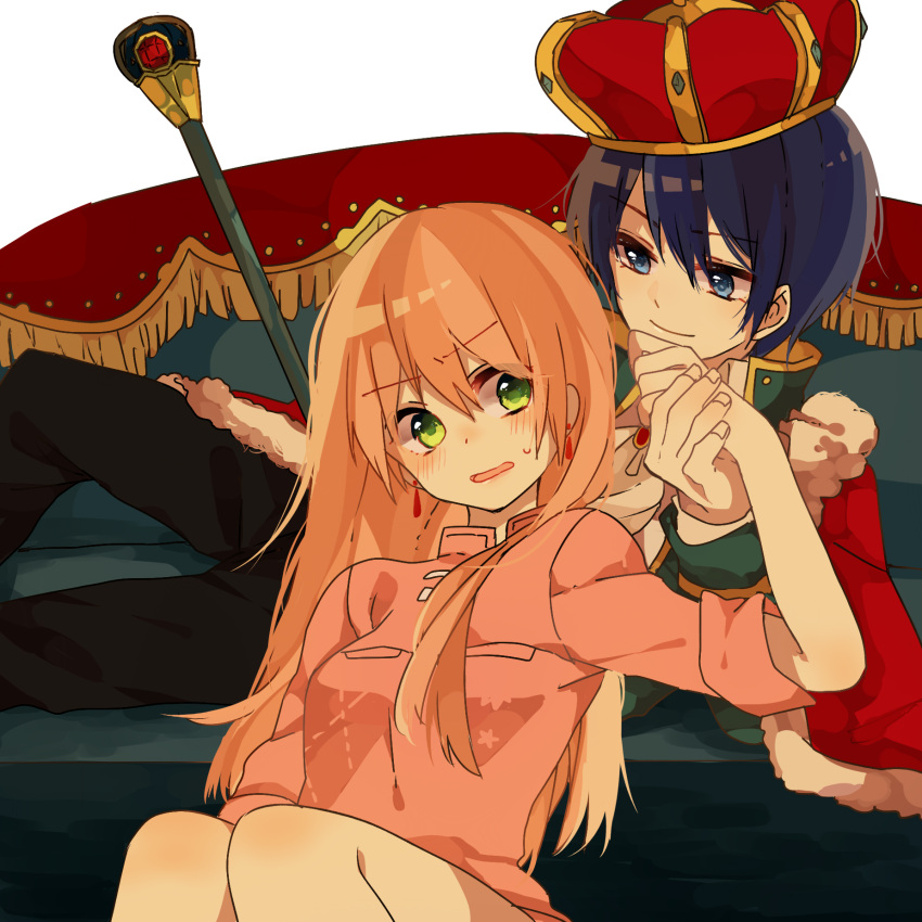 1boy, 1girl, age_difference, blue_eyes, blue_hair, blush, cape, child