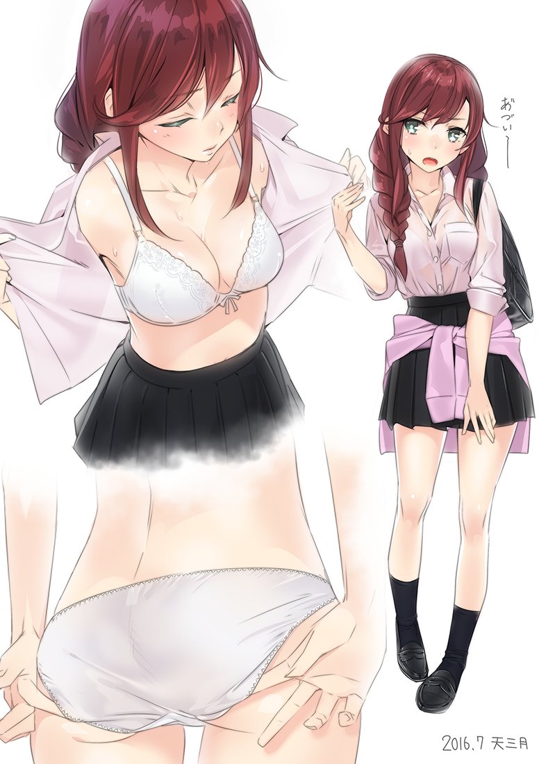 1girl, adjusting_clothes, adjusting_panties, ama_mitsuki, artist_name, ass, bag, bangs, black_legwear, bra, braid, breasts, brown_hair, character_sheet, cleavage, closed_eyes, clothes_around_waist, dated, dress_shirt, fanning_face, from_behind, full_body, green_eyes, hair_over_shoulder, hot, kantai_collection, lace, lace-trimmed_bra, loafers, long_hair, medium_breasts, noshiro_(kantai_collection), open_clothes, open_mouth, open_shirt, panties, pigeon-toed, pleated_skirt, school_uniform, see-through, shirt, shoes, shoulder_bag, signature, simple_background, skirt, socks, solo, sweat, sweater_around_waist, swept_bangs, tied_jacket, underwear, undressing, white_background, white_bra, white_panties
