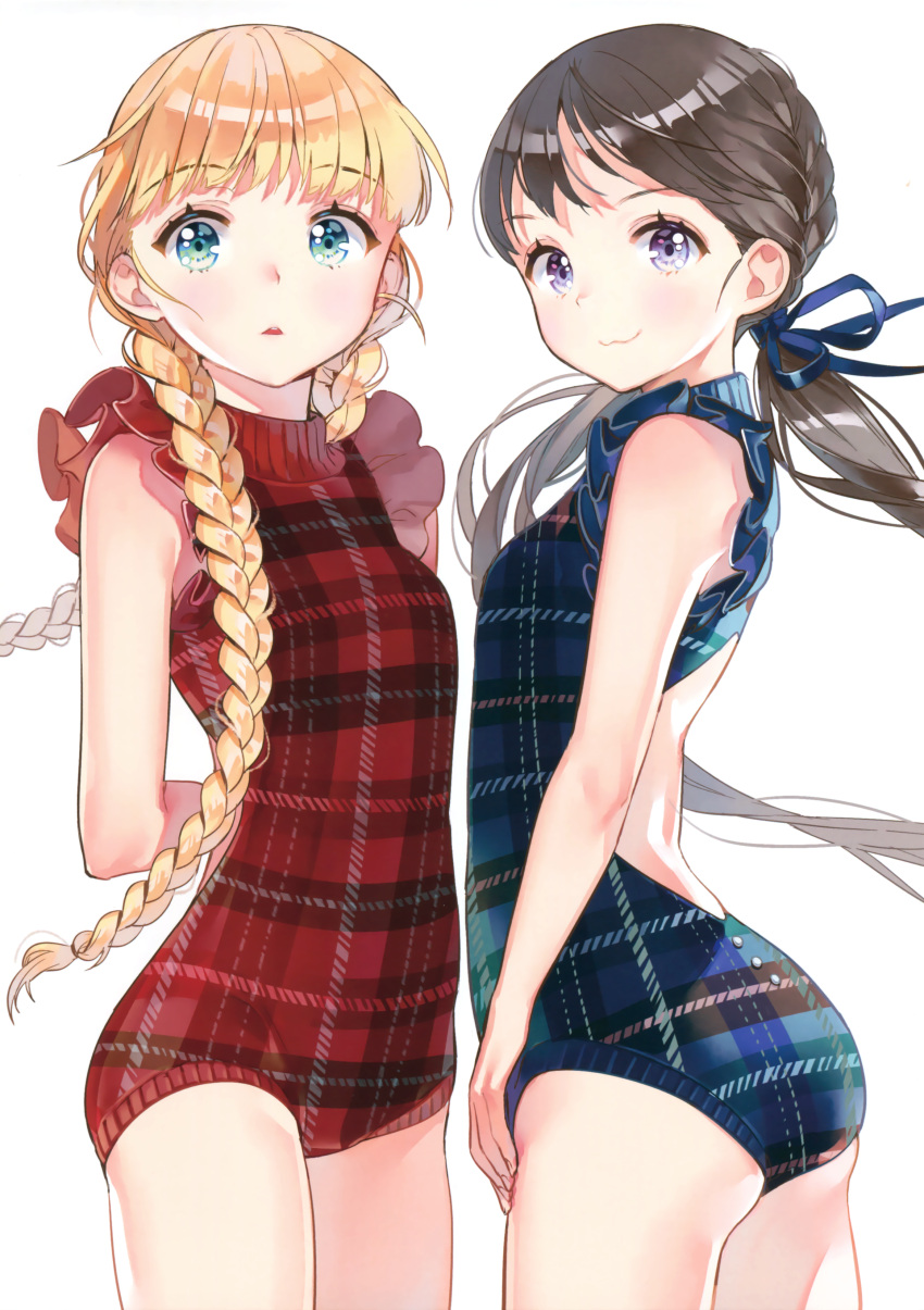 2girls, :3, absurdres, anco_(melon85), arms_behind_back, blonde_hair, blue_eyes, blue_ribbon