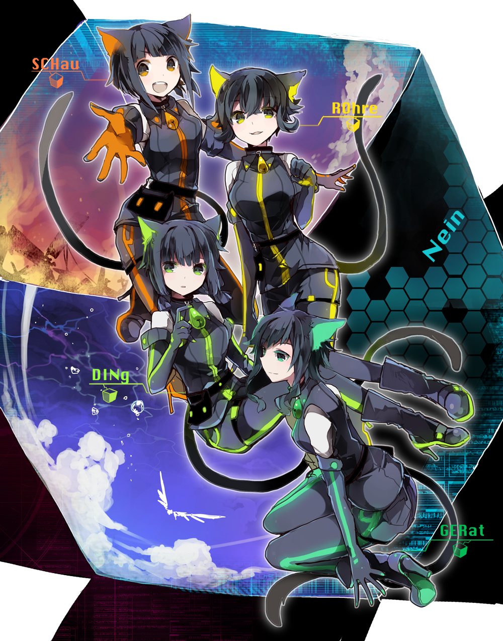 >:d, 4girls, :3, :d, animal_ears, aqua_eyes, black_boots, black_gloves