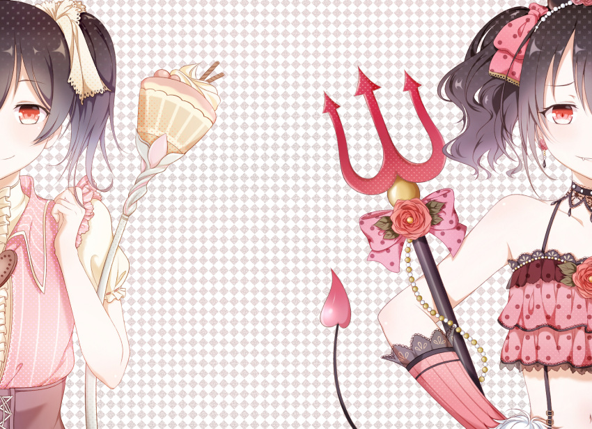 1girl, argyle, argyle_background, bare_shoulders, black_hair, bow, camisole, closed_mouth