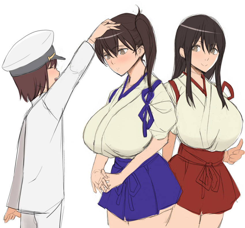 1boy, 2girls, admiral_(kantai_collection), akagi_(kantai_collection), blush, breasts, hakama_skirt, highres