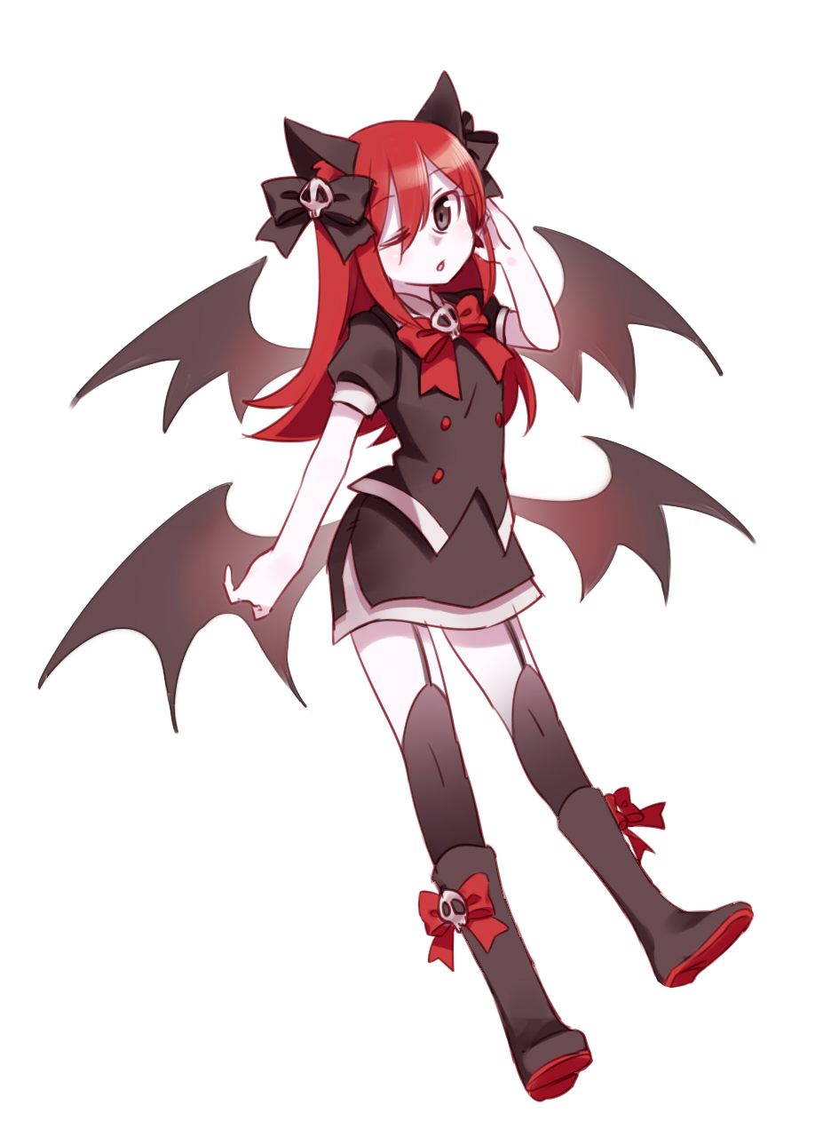 1girl, animal_ears, bat_wings, black_eyes, black_legwear, black_shirt, black_skirt, boots, bow, buttons, cat_ears, garter_straps, hair_between_eyes, hair_bow, hair_ribbon, haru.jpg, highres, long_hair, looking_at_viewer, miniskirt, multiple_wings, nyanyamo, one_eye_closed, open_mouth, puffy_short_sleeves, puffy_sleeves, redhead, ribbon, shirt, shoe_ribbon, short_sleeves, simple_background, skirt, skirt_set, skull, solo, thigh-highs, towelket_wo_mou_ichido, wings