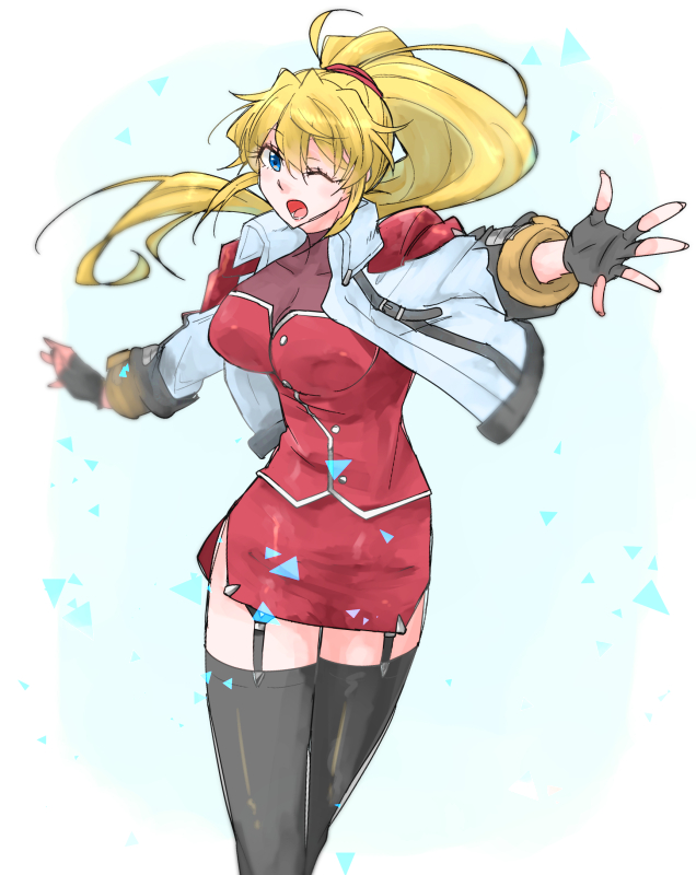 1girl, :o, akimoto_(akimomomoto), black_legwear, blonde_hair, blue_eyes, breasts, excellen_browning