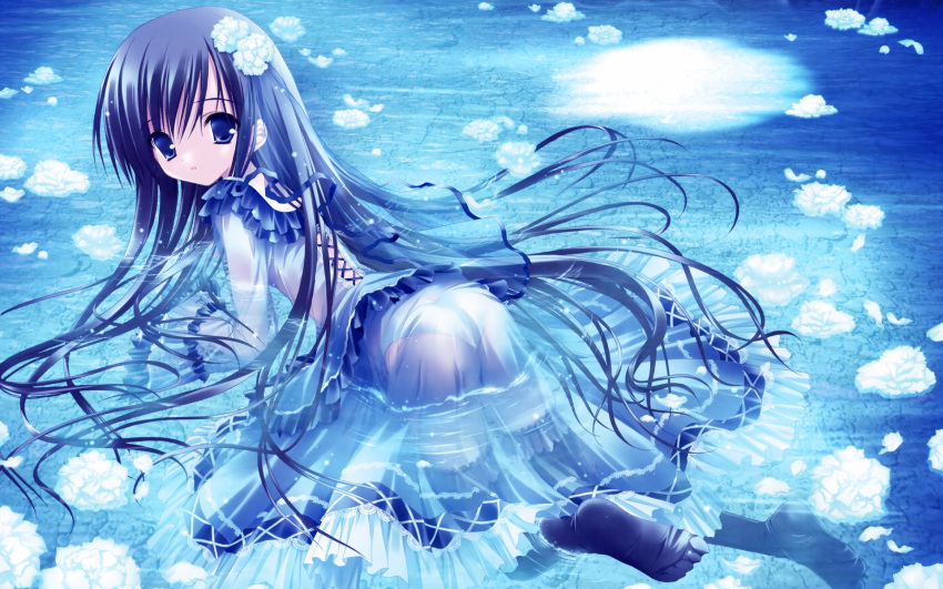 1girl, all_fours, ass, blue_eyes, blush, feet, flower, gothic