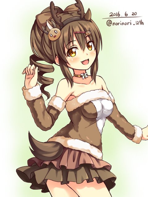 1girl, 2016, antlers, arm_warmers, bare_shoulders, brown_hair, brown_shirt, brown_skirt