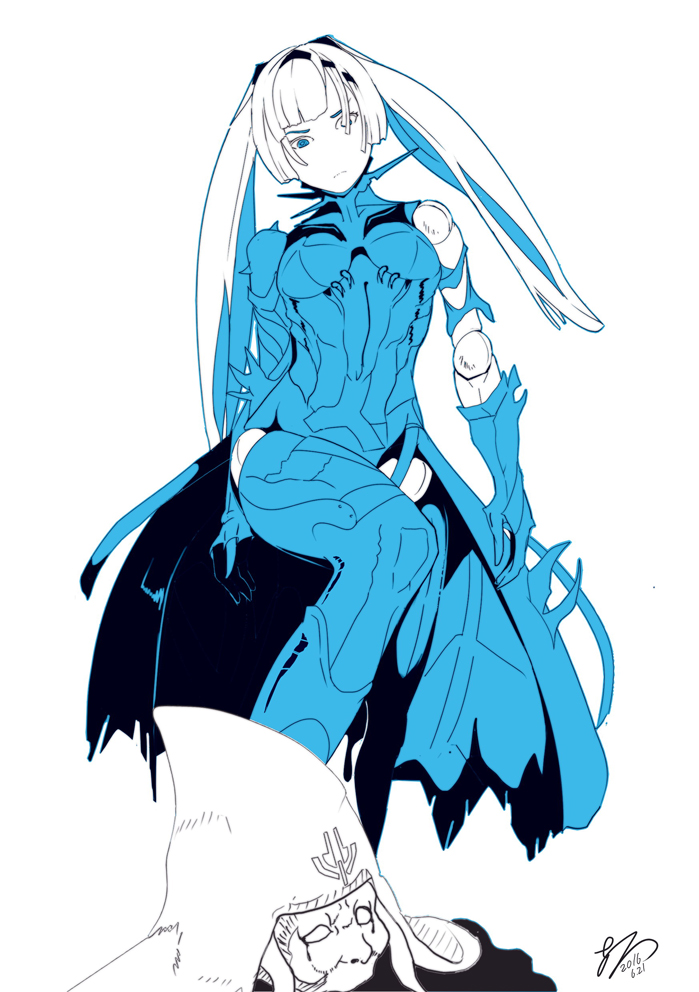 1girl, armor, artist_name, bangs, blunt_bangs, bodysuit, boots, breasts, cavalry_(maslow), dated, doll_joints, frown, gloves, high_contrast, long_hair, looking_at_viewer, ningyou_no_kuni, simple_background, solo_focus, twintails, white_background