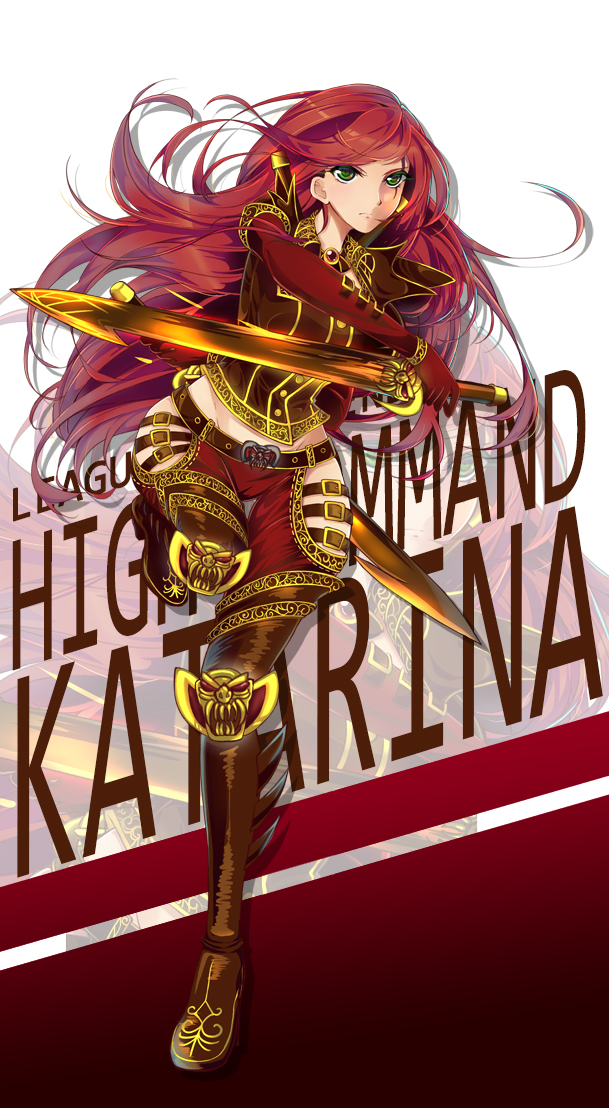 1girl, boots, breasts, cleavage, green_eyes, high_command_katarina, katarina_du_couteau, league_of_legends, long_hair, midriff, navel, niu, redhead, reverse_grip, scar, scar_across_eye, solo, sword, weapon