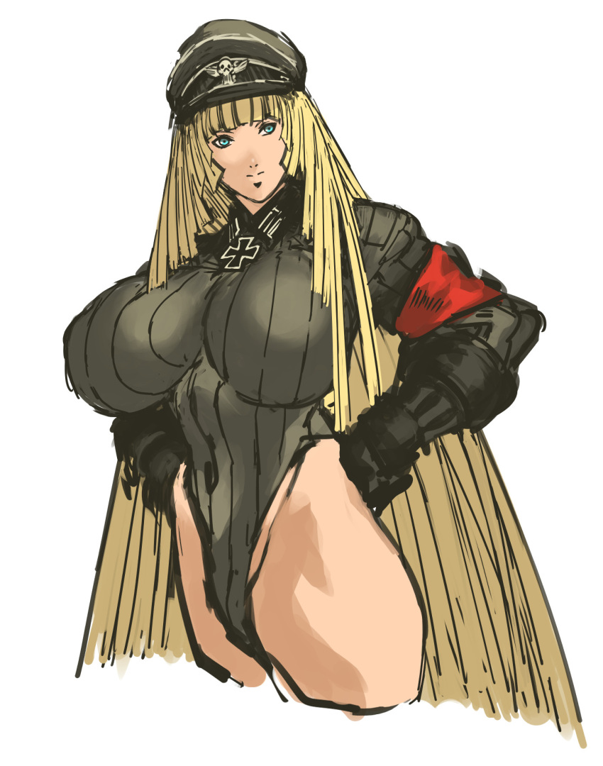 1girl, armband, blonde_hair, blue_eyes, breasts, covered_navel, cowboy_shot, cropped_legs, hands_on_hips, hat, highleg, highleg_leotard, highres, huge_breasts, iron_cross, leotard, long_hair, military, military_uniform, nameo_(judgemasterkou), nazi, ojou_(nameo), original, peaked_cap, poorly_drawn, solo, uniform, very_long_hair