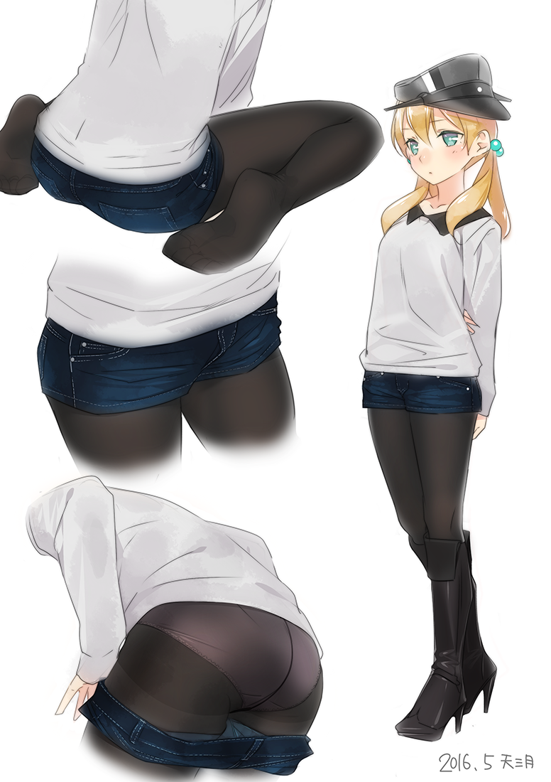 1girl, 2016, alternate_costume, ama_mitsuki, aqua_eyes, arms_behind_back, ass, bent_over