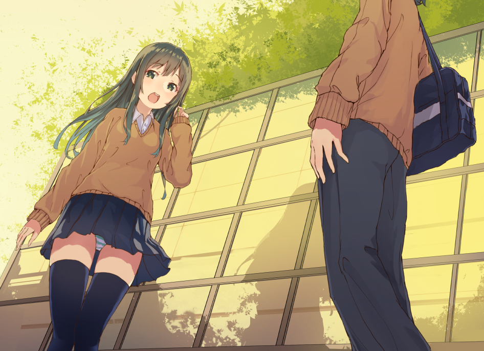 1boy, 1girl, bag, black_eyes, black_hair, black_legwear, cjl6y5r, long_hair