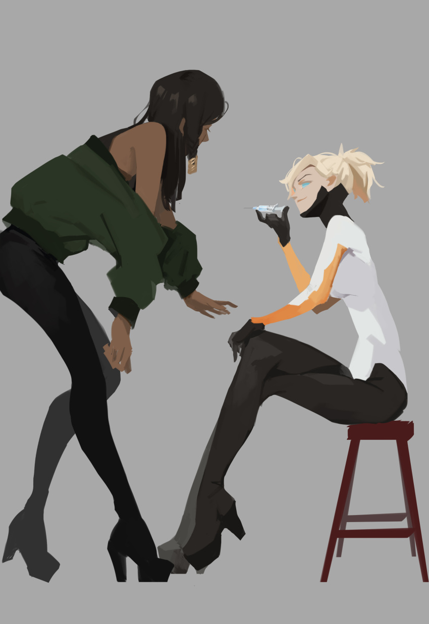 2girls, absurdres, bangs, bing_bing, black_gloves, black_hair, black_legwear, blonde_hair