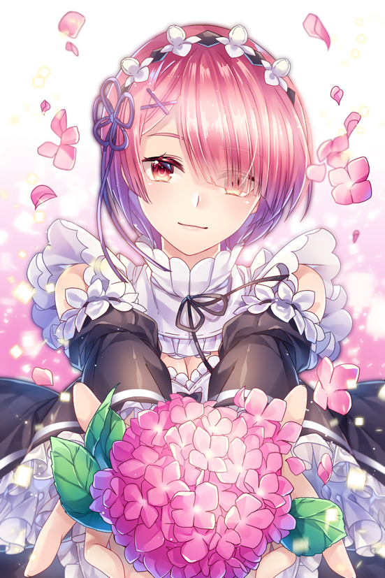 1girl, apron, bangs, blush, bob_cut, bouquet, bow, breasts
