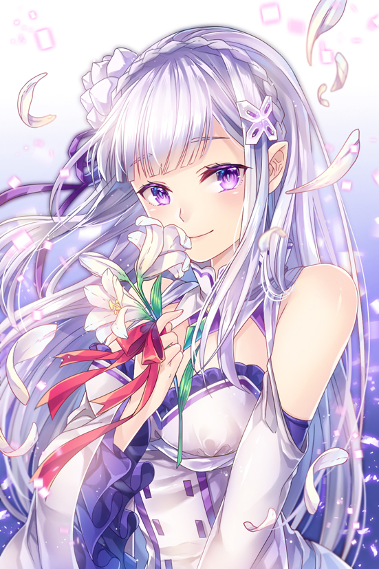 1girl, bangs, bare_shoulders, braid, breasts, detached_collar, detached_sleeves, elf