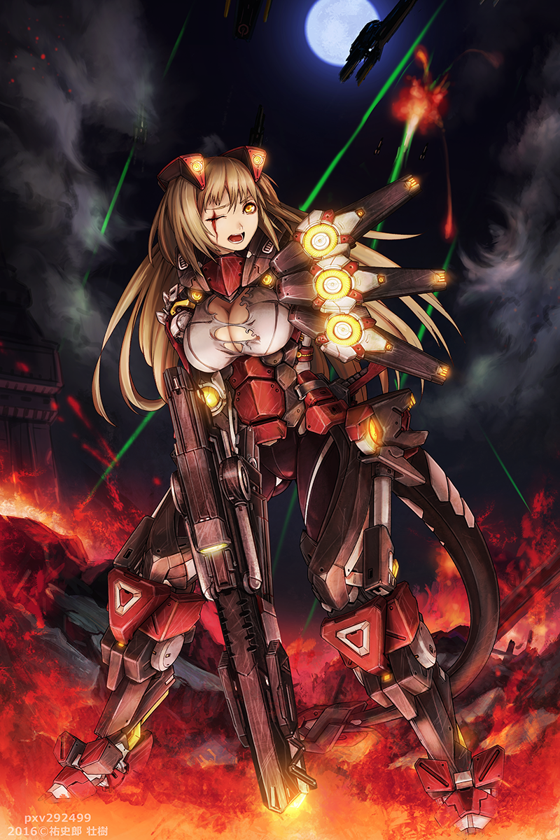 blonde_hair, breasts, cyborg, explosion, fire, glowing, highres, ichiban_renga