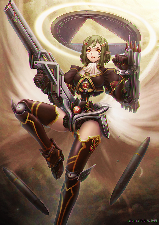 1girl, android, angel, angel_wings, doll_joints, elf, green_hair, gun