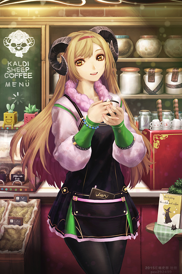 1girl, 2015, apron, artist_name, bangs, bead_bracelet, black_legwear, blonde_hair