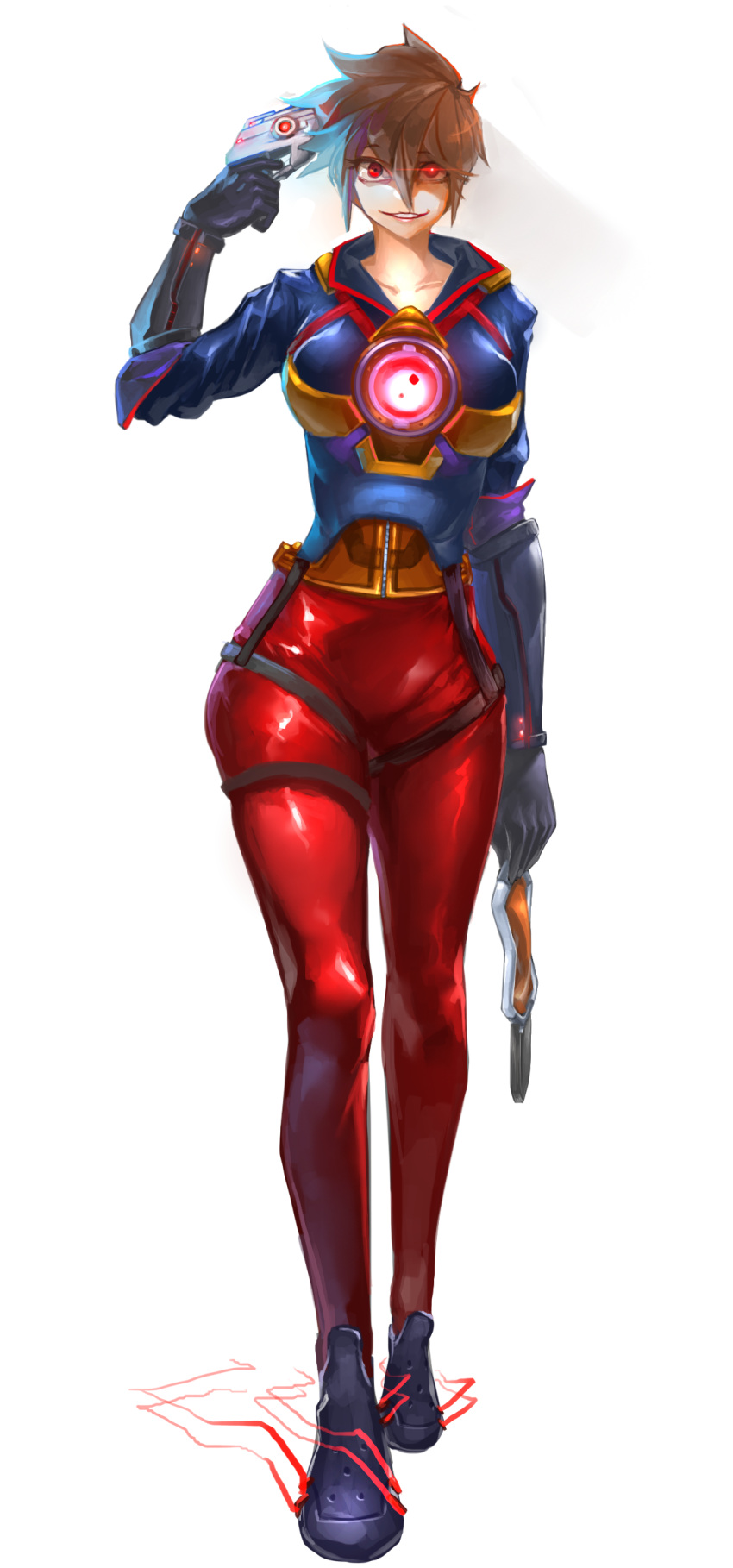 1girl, absurdres, alternate_color, alternate_eye_color, bangs, black_gloves, bmg, bodysuit