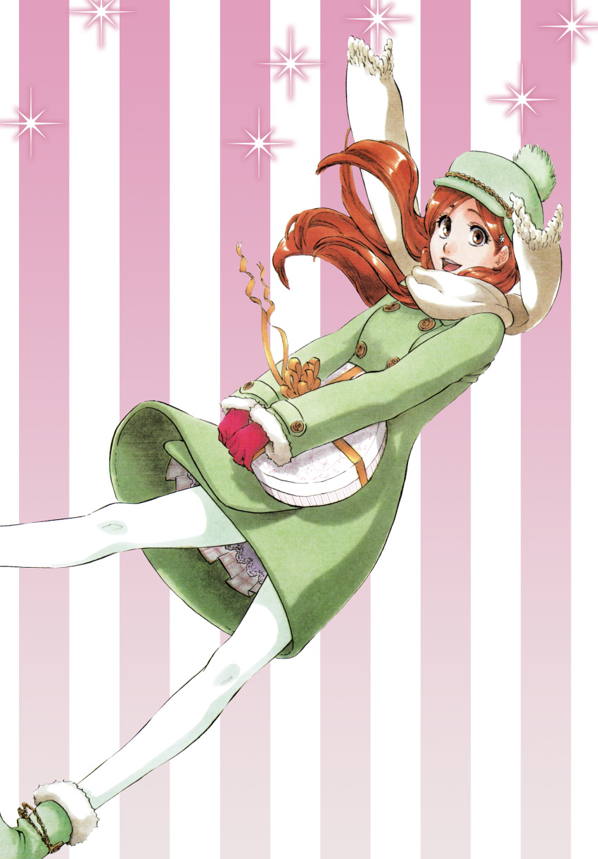 1girl, bleach, brown_eyes, coat, dress, female, gift, gloves