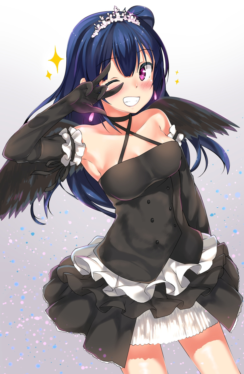 1girl, \m/, absurdres, bangs, bare_shoulders, black_dress, black_gloves, black_wings