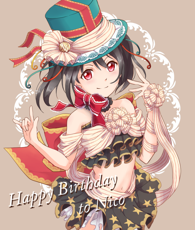 1girl, black_hair, bow, hair_bow, happy_birthday, hat, long_hair, love_live!, love_live!_school_idol_festival, love_live!_school_idol_project, midriff, navel, red_eyes, ribbon, smile, solo, tomm0515, twintails, yazawa_nico