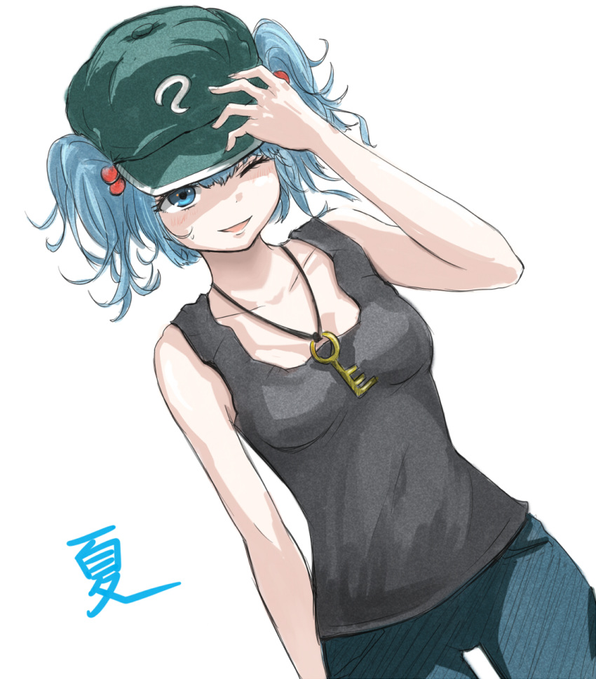 1girl, bare_shoulders, blue_eyes, blue_hair, breasts, collarbone, cowboy_shot, denim