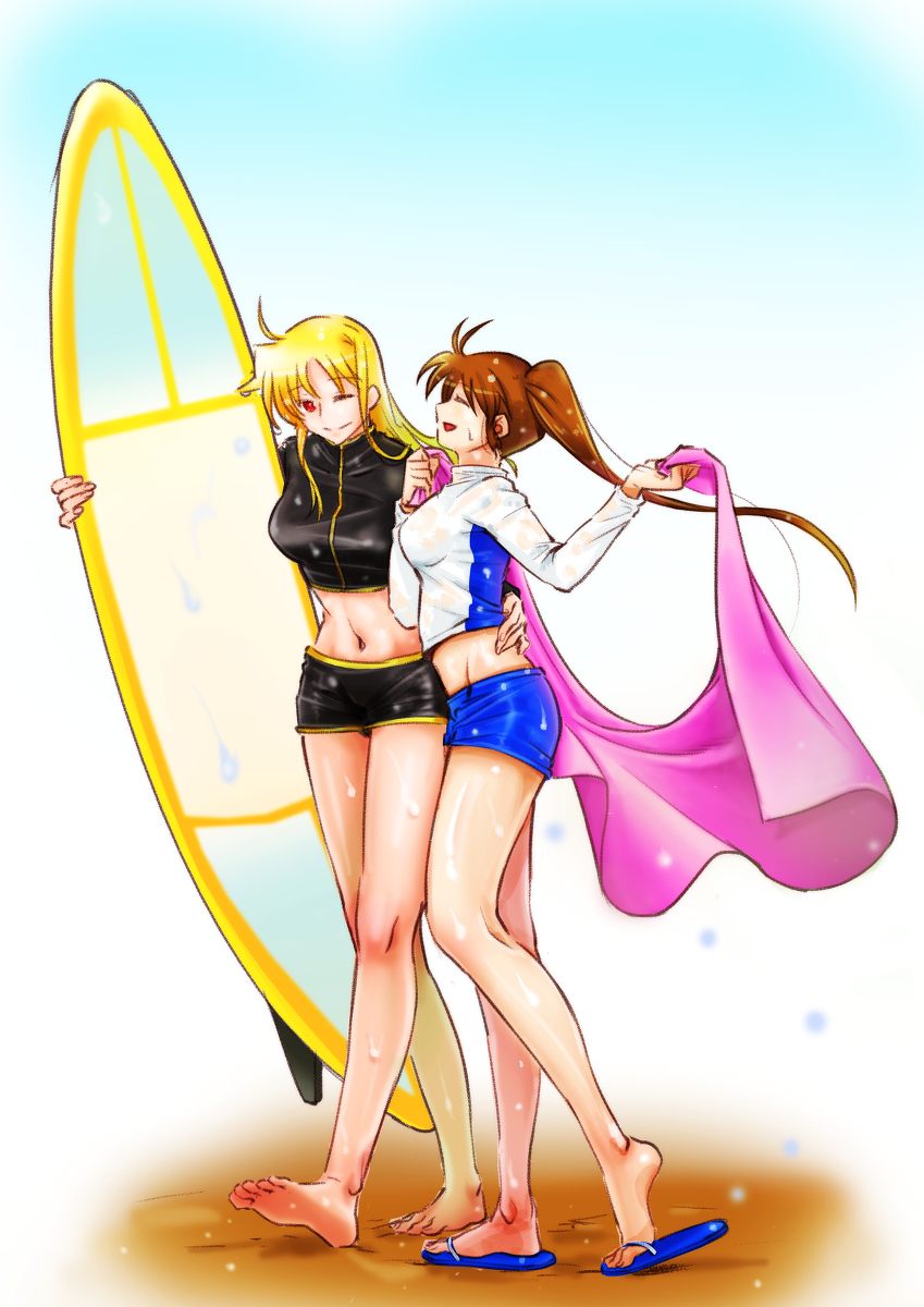 2girls, beach, blonde_hair, brown_hair, closed_eyes, couple, fate_testarossa, hand_around_waist
