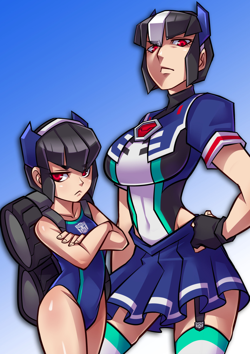 >:<, absurdres, autobot, backpack, bag, black_hair, breasts, closed_mouth
