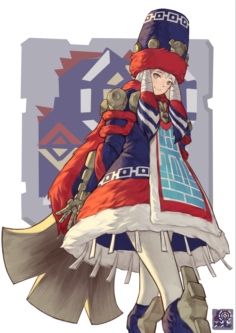 1girl, boots, coat, dress, gammoth_(armor), grey_eyes, hat, long_hair