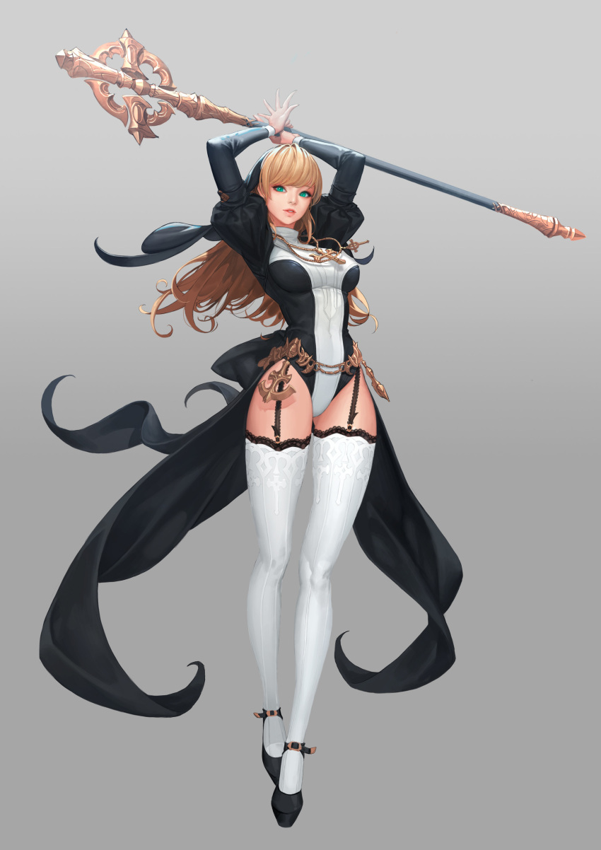 1girl, absurdres, aqua_eyes, arms_up, bangs, black_shoes, blonde_hair, bodysuit