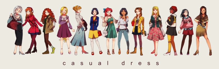 6+girls, :d, aladdin_(disney), anna_(frozen), ariel_(disney), arms_behind_back, aurora_(disney), bag