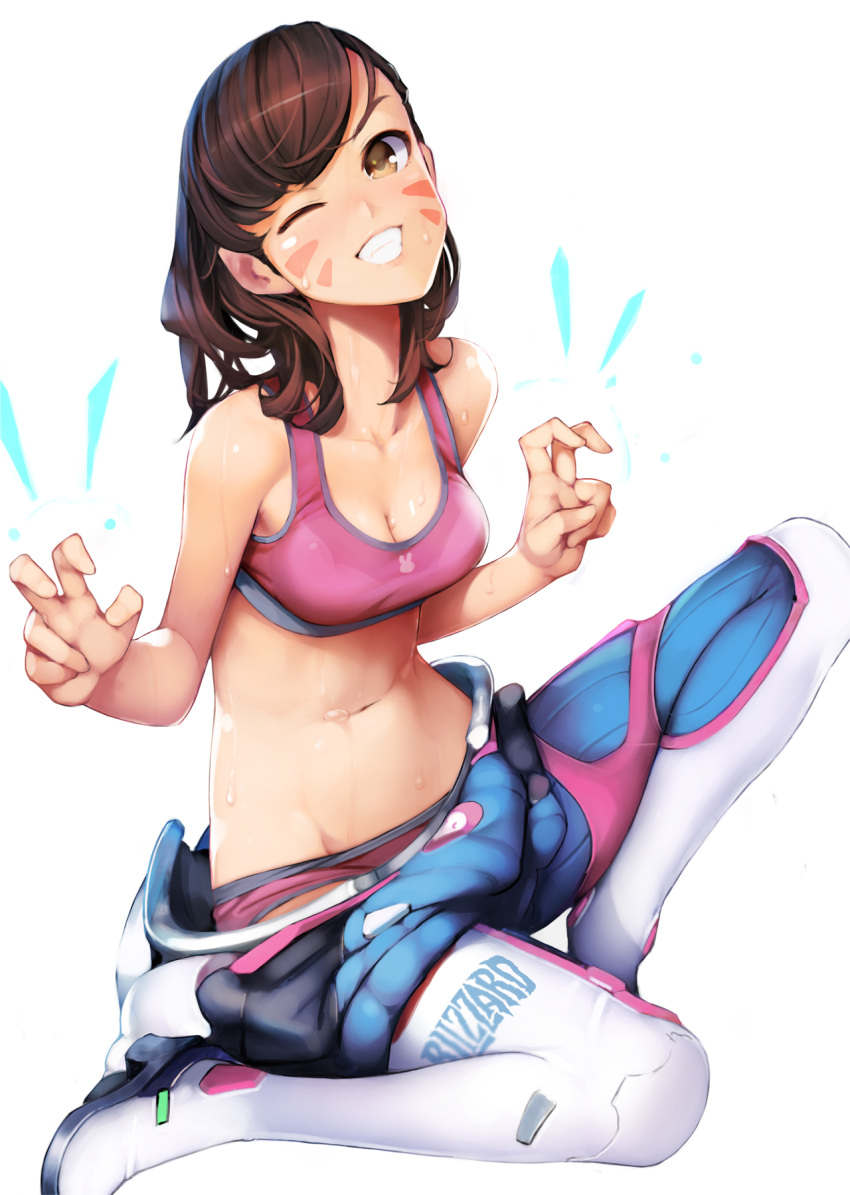 1girl, ;d, ataruman, blizzard_(company), boots, bra, breasts, brown_hair