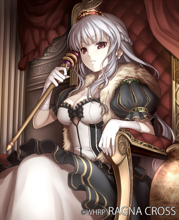 1girl, breasts, brown_eyes, cleavage, copyright_name, dress, elbow_gloves, gloves