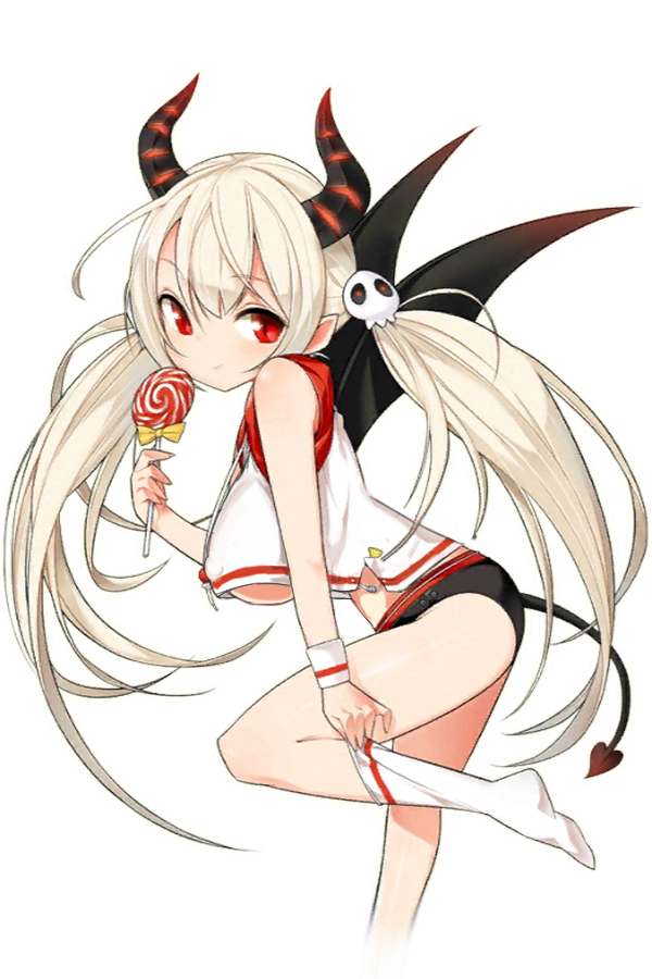 1girl, adjusting_clothes, adjusting_legwear, blonde_hair, breasts, candy, demon_horns, demon_tail