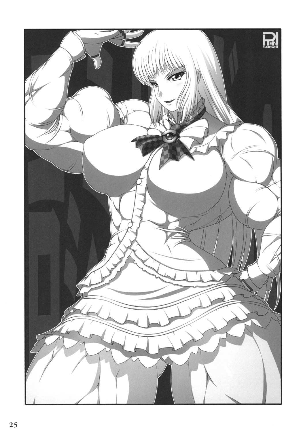 1girl, biceps, breasts, copyright_request, dress, emilie_de_rochefort, extreme_muscles, female
