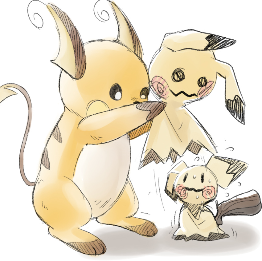 cosplay, costume, drawfag, eye_contact, highres, looking_at_another, mimikyu, mimikyu_(pokemon), no_humans, pichu, pichu_(cosplay), pikachu, pokemon, pokemon_(creature), raichu, shaking, sketch, standing, sweat, trembling
