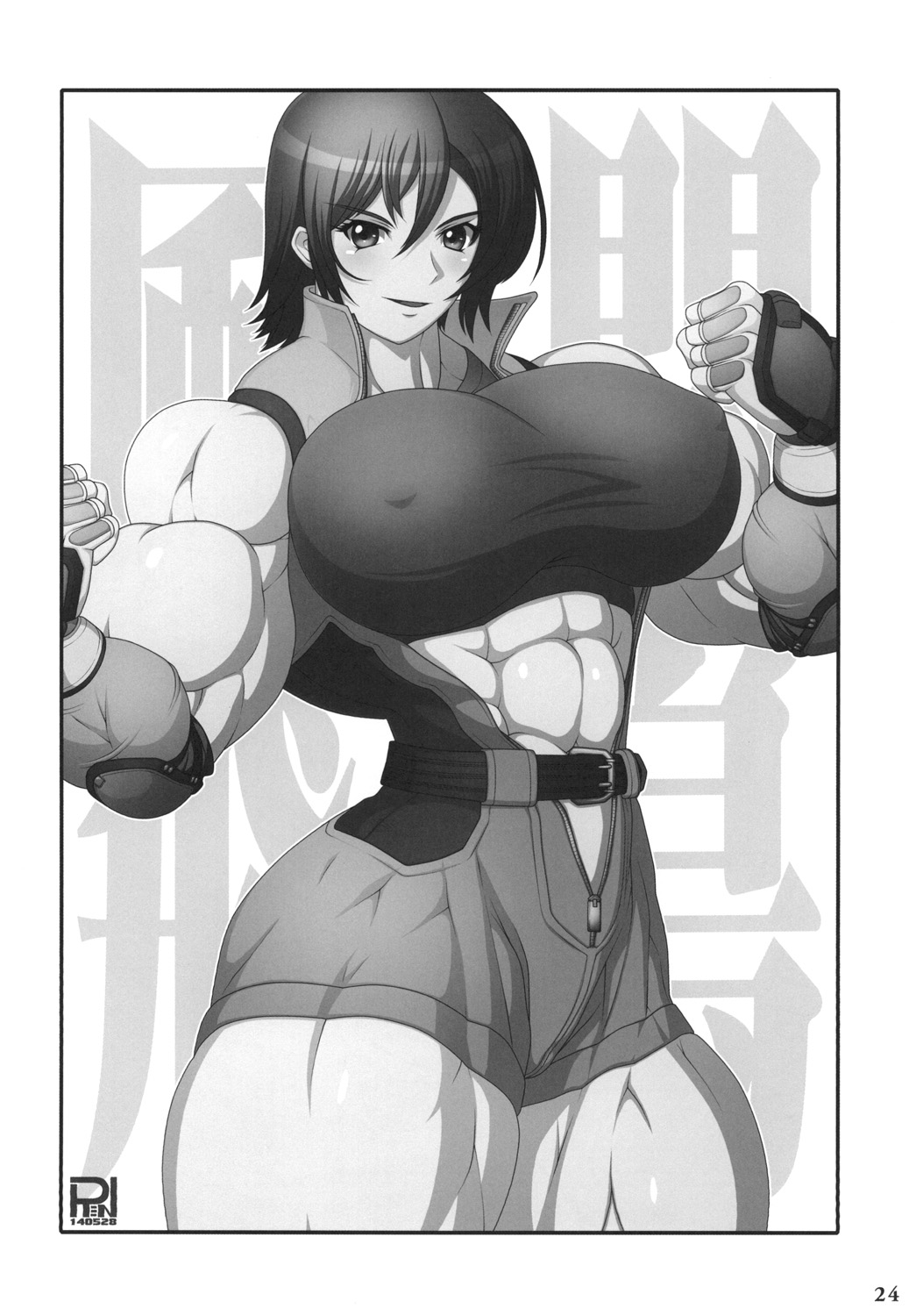 1girl, abs, belt, biceps, breasts, copyright_request, extreme_muscles, female, fingerless_gloves, gloves, kazama_asuka, large_breasts, monochrome, muscle, namco, purukogi_(plasma_beach), ren_(tainca2000), solo, tekken