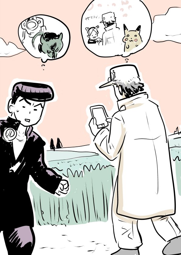 10s, 1girl, 2boys, black_hair, bug_eaten_(jojo), cellphone, comic, commentary_request, double_bun, gakuran, grass, hat, higashikata_jousuke, jacket, jojo_no_kimyou_na_bouken, kuujou_jolyne, kuujou_joutarou, mo_(kireinamo), multiple_boys, nature, outdoors, peace_symbol, phone, pikachu, plant, pokemon, pokemon_go, pompadour, rat, ratt_(stand), school_uniform, sky, smartphone, stand_(jojo), uniform, white_hair, white_jacket, younger